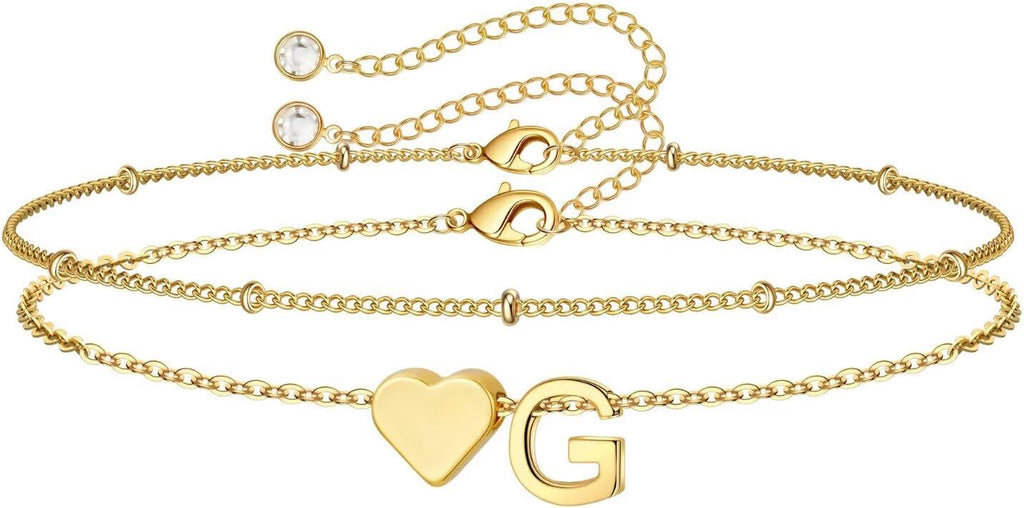 14K-Gold-Plated Heart Initial Bracelets for Women Girl Dainty Gold