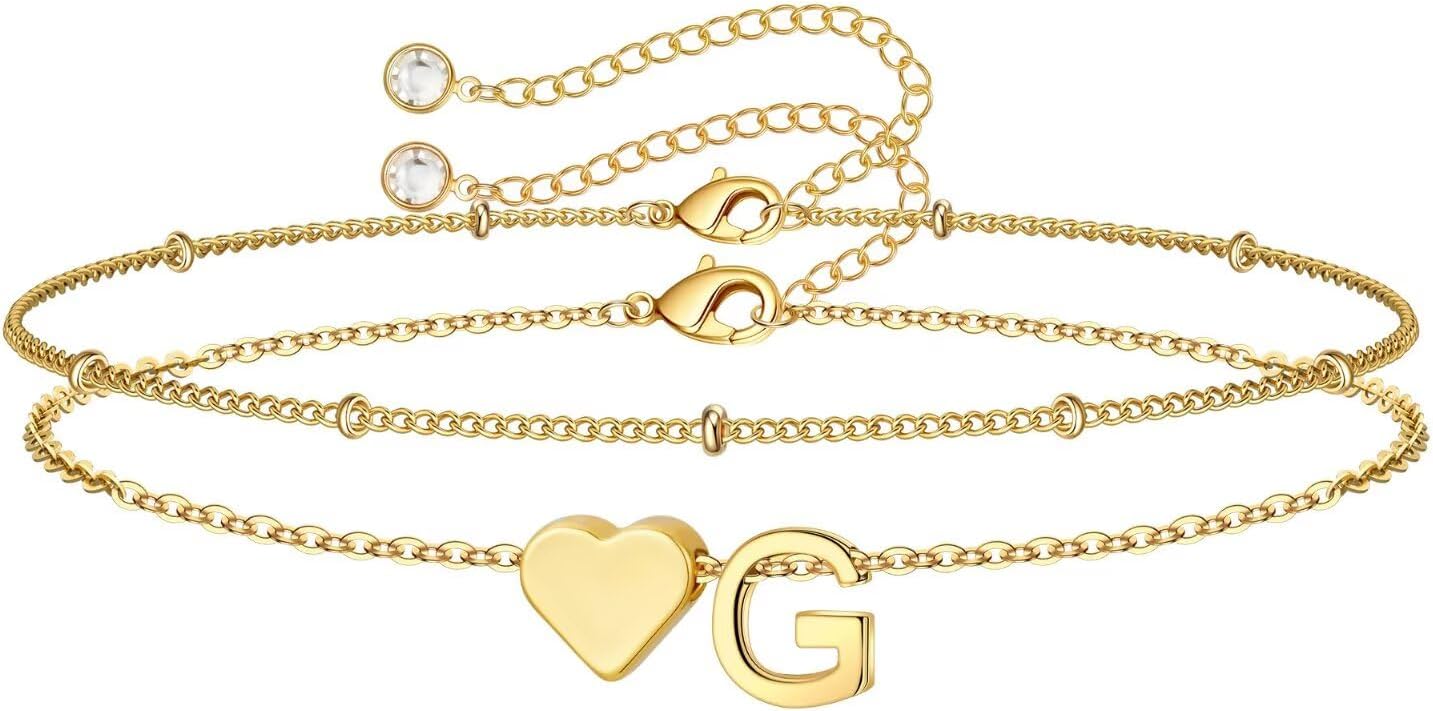 14K-Gold-Plated Heart Initial Bracelets for Women Girl Dainty Gold