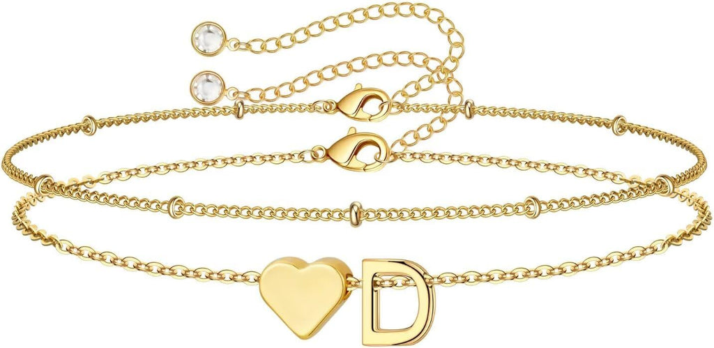 14K-Gold-Plated Heart Initial Bracelets for Women Girl Dainty Gold