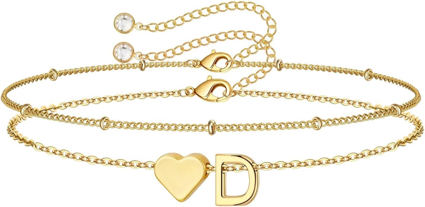 14K-Gold-Plated Heart Initial Bracelets for Women Girl Dainty Gold