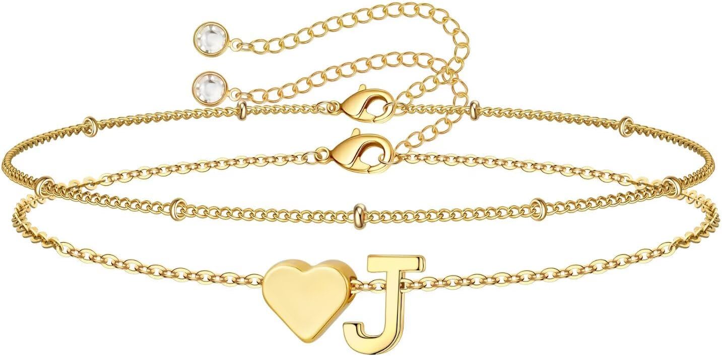 14K-Gold-Plated Heart Initial Bracelets for Women Girl Dainty Gold