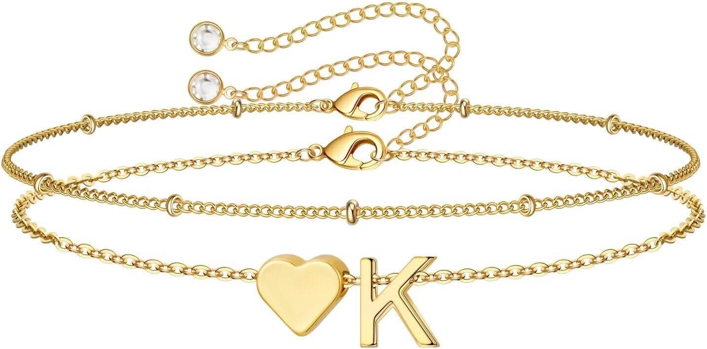 14K-Gold-Plated Heart Initial Bracelets for Women Girl Dainty Gold