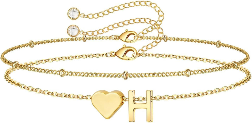 14K-Gold-Plated Heart Initial Bracelets for Women Girl Dainty Gold