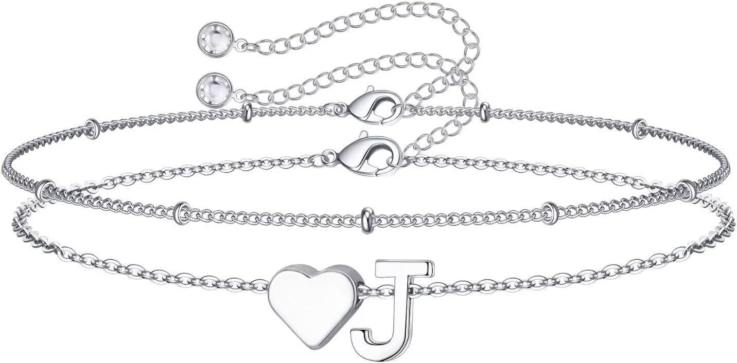 14K-Gold-Plated Heart Initial Bracelets for Women Girl Dainty Gold