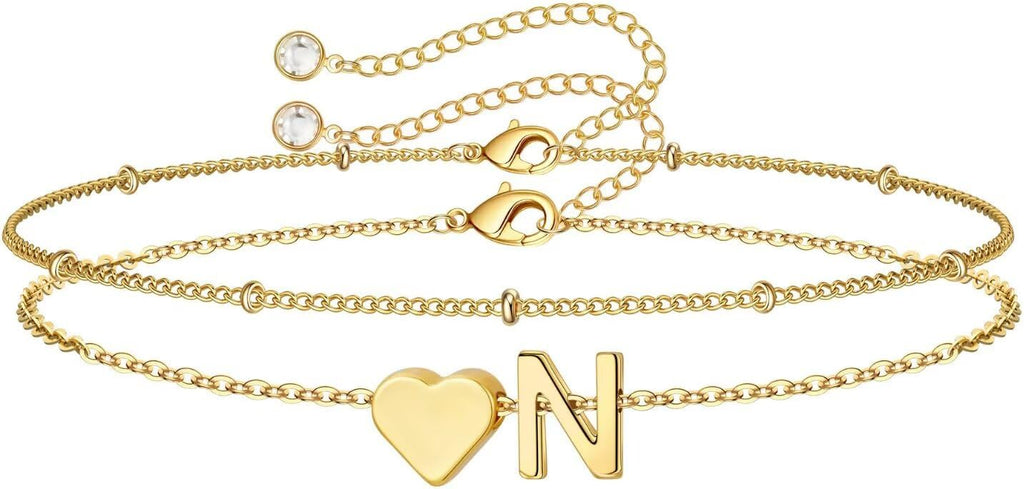 14K-Gold-Plated Heart Initial Bracelets for Women Girl Dainty Gold