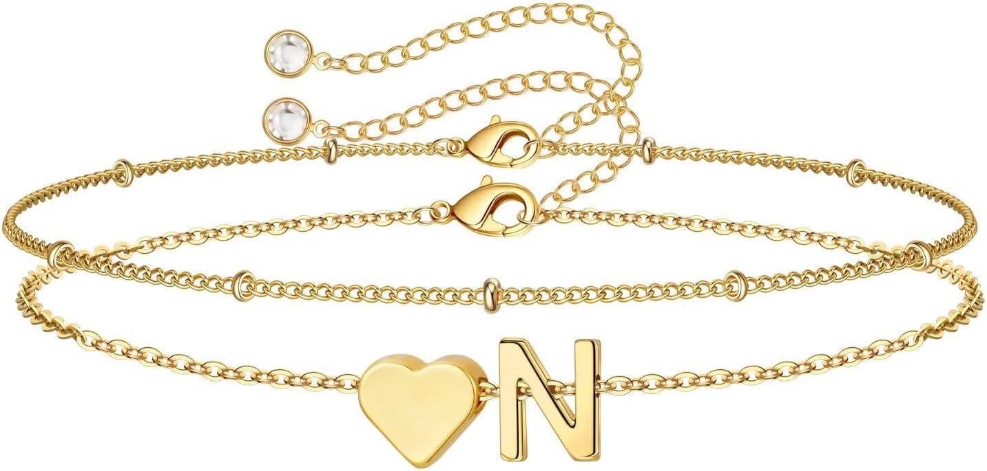 14K-Gold-Plated Heart Initial Bracelets for Women Girl Dainty Gold