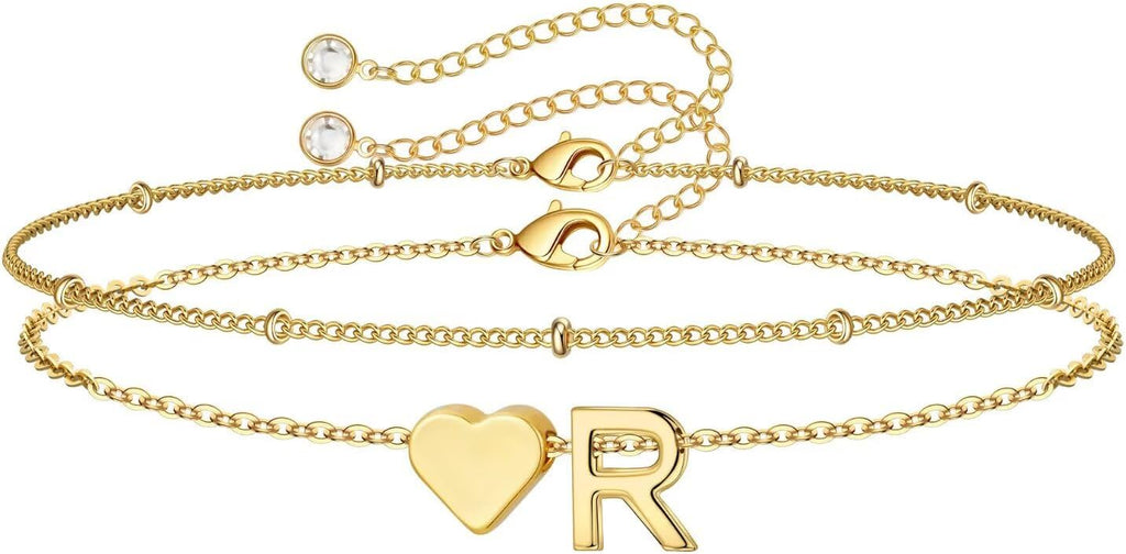 14K-Gold-Plated Heart Initial Bracelets for Women Girl Dainty Gold