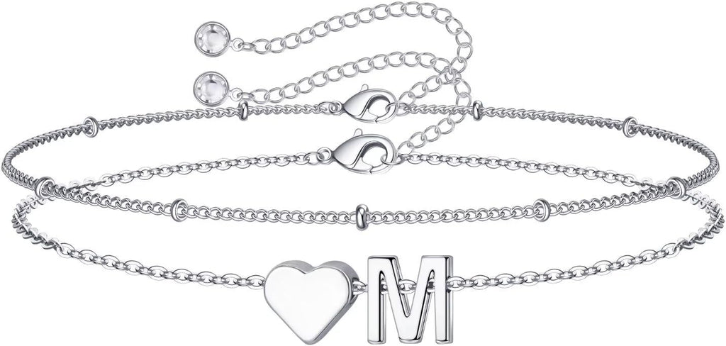 14K-Gold-Plated Heart Initial Bracelets for Women Girl Dainty Gold