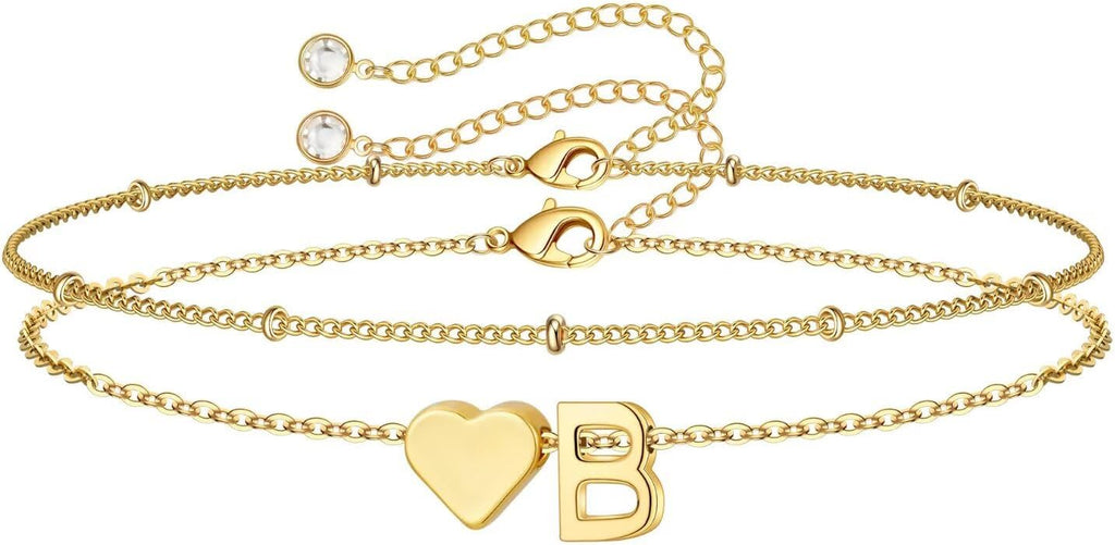 14K-Gold-Plated Heart Initial Bracelets for Women Girl Dainty Gold