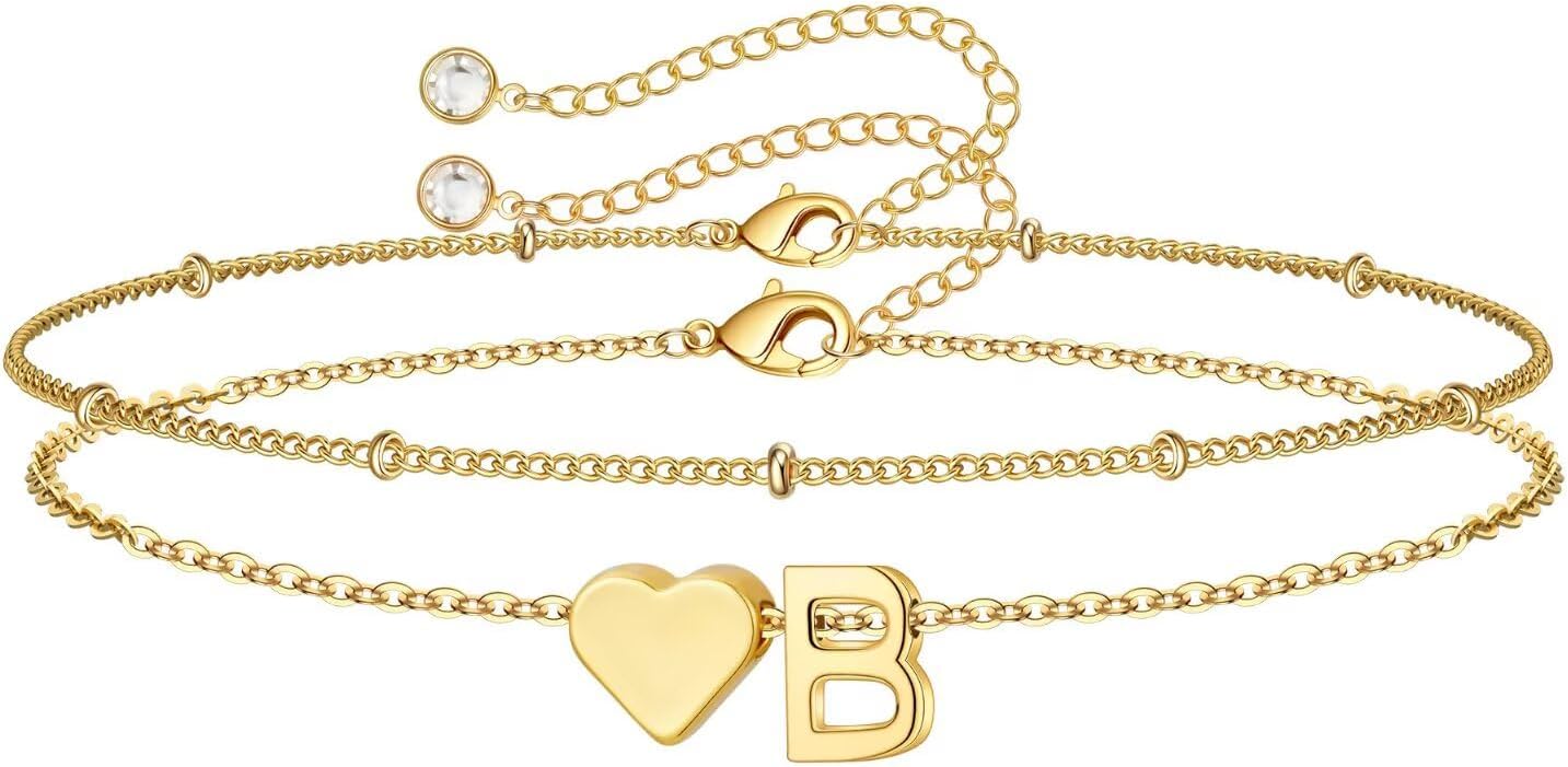 14K-Gold-Plated Heart Initial Bracelets for Women Girl Dainty Gold