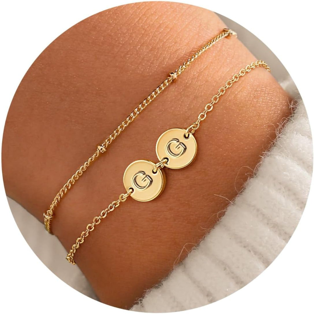 14K-Gold-Plated 2 Letter A-Z Disc Bracelet Stacked Trendy