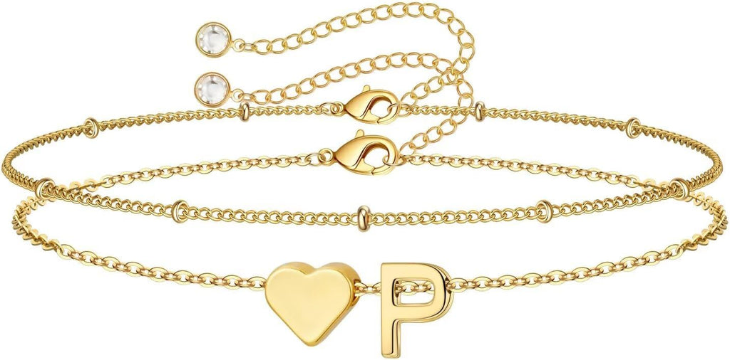 14K-Gold-Plated Heart Initial Bracelets for Women Girl Dainty Gold