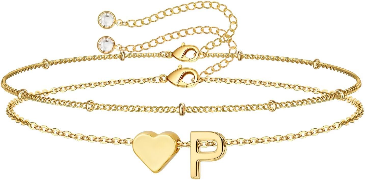 14K-Gold-Plated Heart Initial Bracelets for Women Girl Dainty Gold