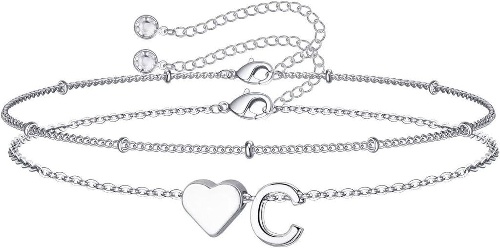 14K-Gold-Plated Heart Initial Bracelets for Women Girl Dainty Gold