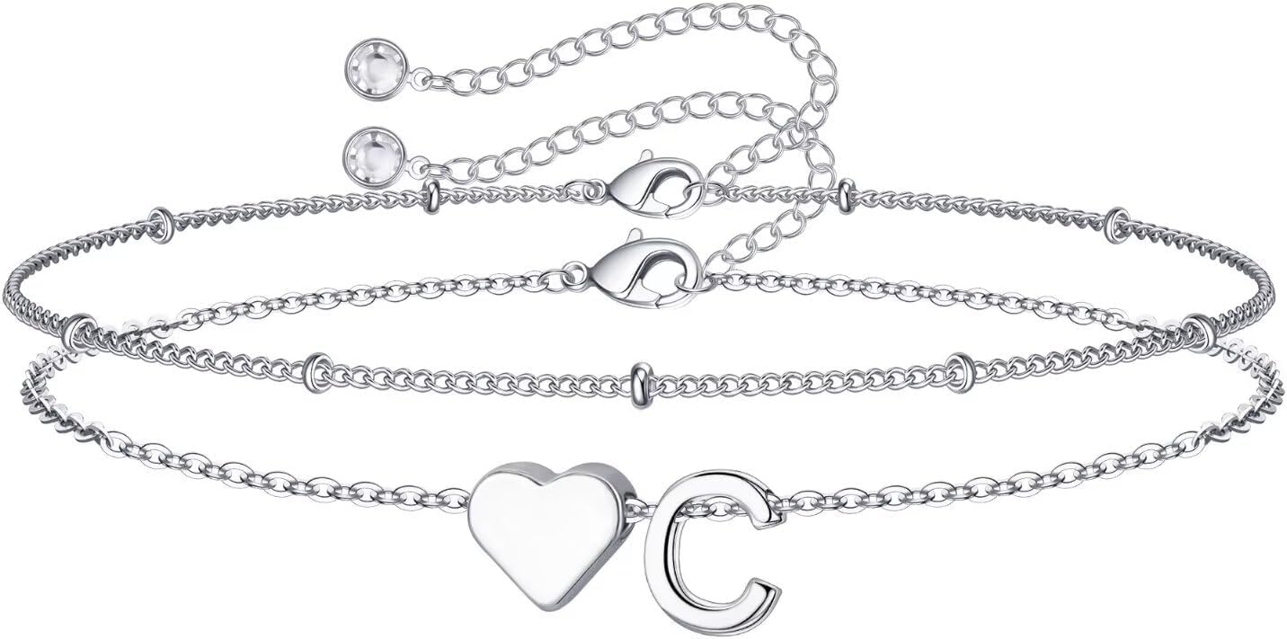 14K-Gold-Plated Heart Initial Bracelets for Women Girl Dainty Gold