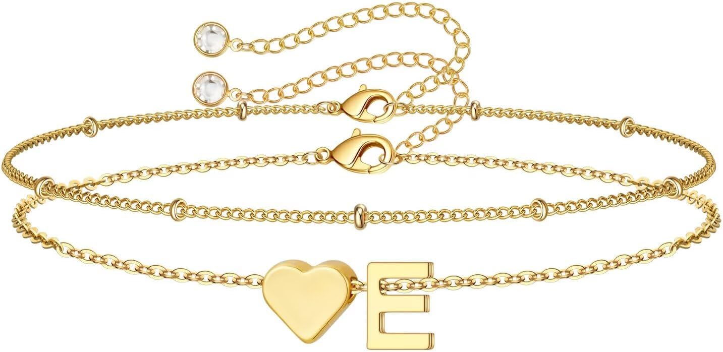 14K-Gold-Plated Heart Initial Bracelets for Women Girl Dainty Gold