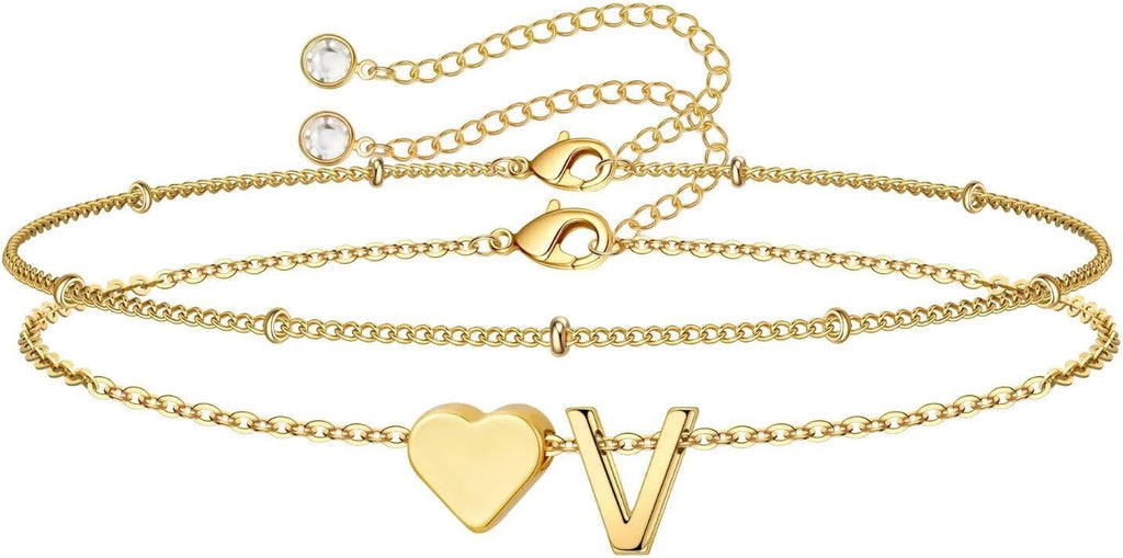 14K-Gold-Plated Heart Initial Bracelets for Women Girl Dainty Gold