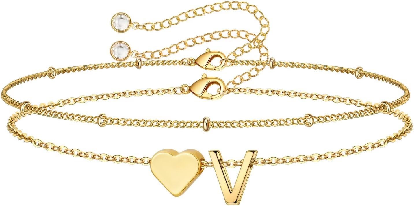 14K-Gold-Plated Heart Initial Bracelets for Women Girl Dainty Gold
