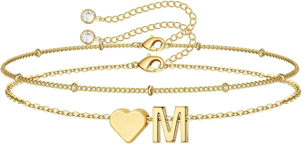 14K-Gold-Plated Heart Initial Bracelets for Women Girl Dainty Gold