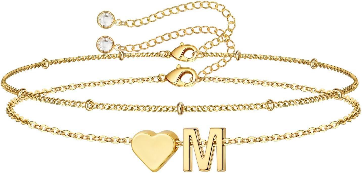 14K-Gold-Plated Heart Initial Bracelets for Women Girl Dainty Gold