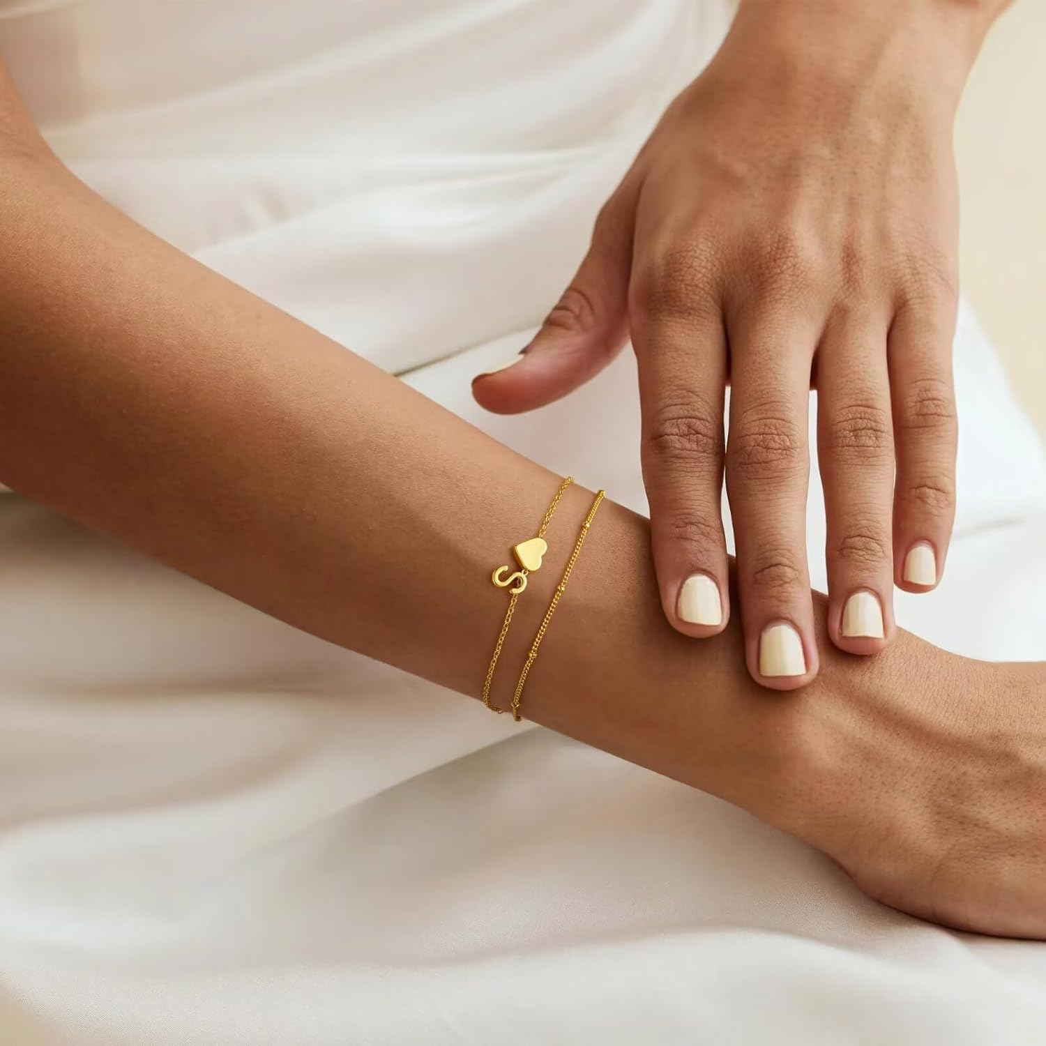 14K-Gold-Plated Heart Initial Bracelets for Women Girl Dainty Gold