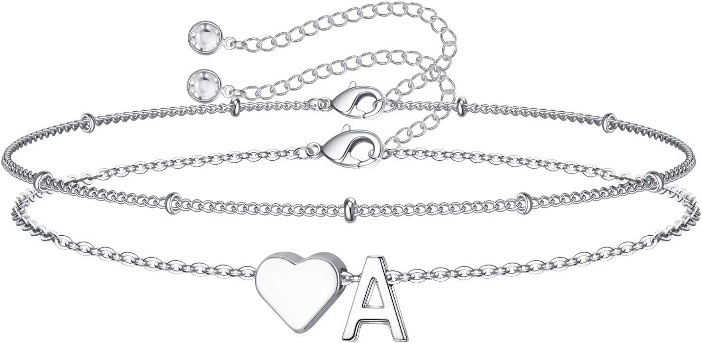 14K-Gold-Plated Heart Initial Bracelets for Women Girl Dainty Gold