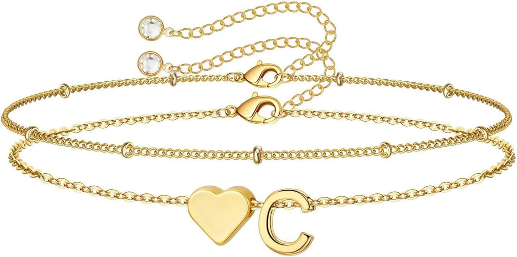 14K-Gold-Plated Heart Initial Bracelets for Women Girl Dainty Gold