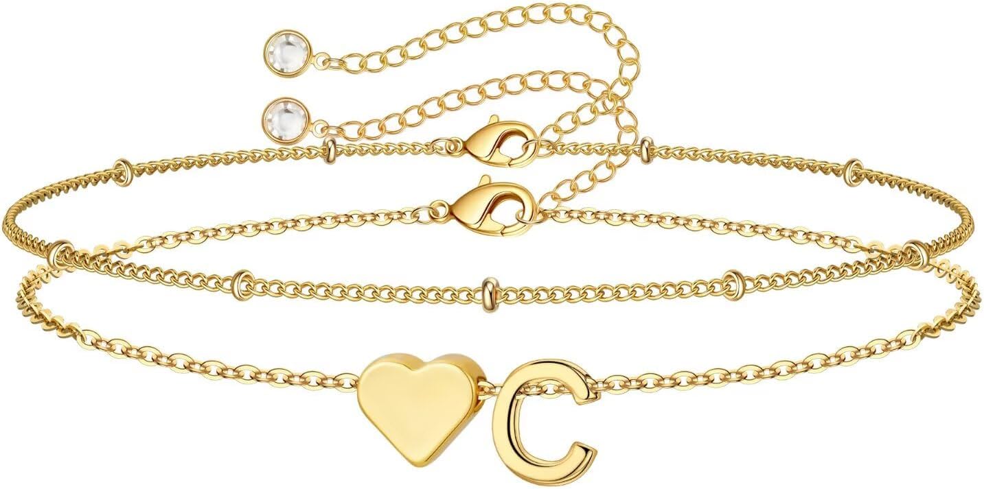 14K-Gold-Plated Heart Initial Bracelets for Women Girl Dainty Gold
