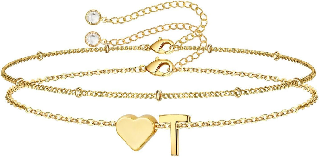 14K-Gold-Plated Heart Initial Bracelets for Women Girl Dainty Gold