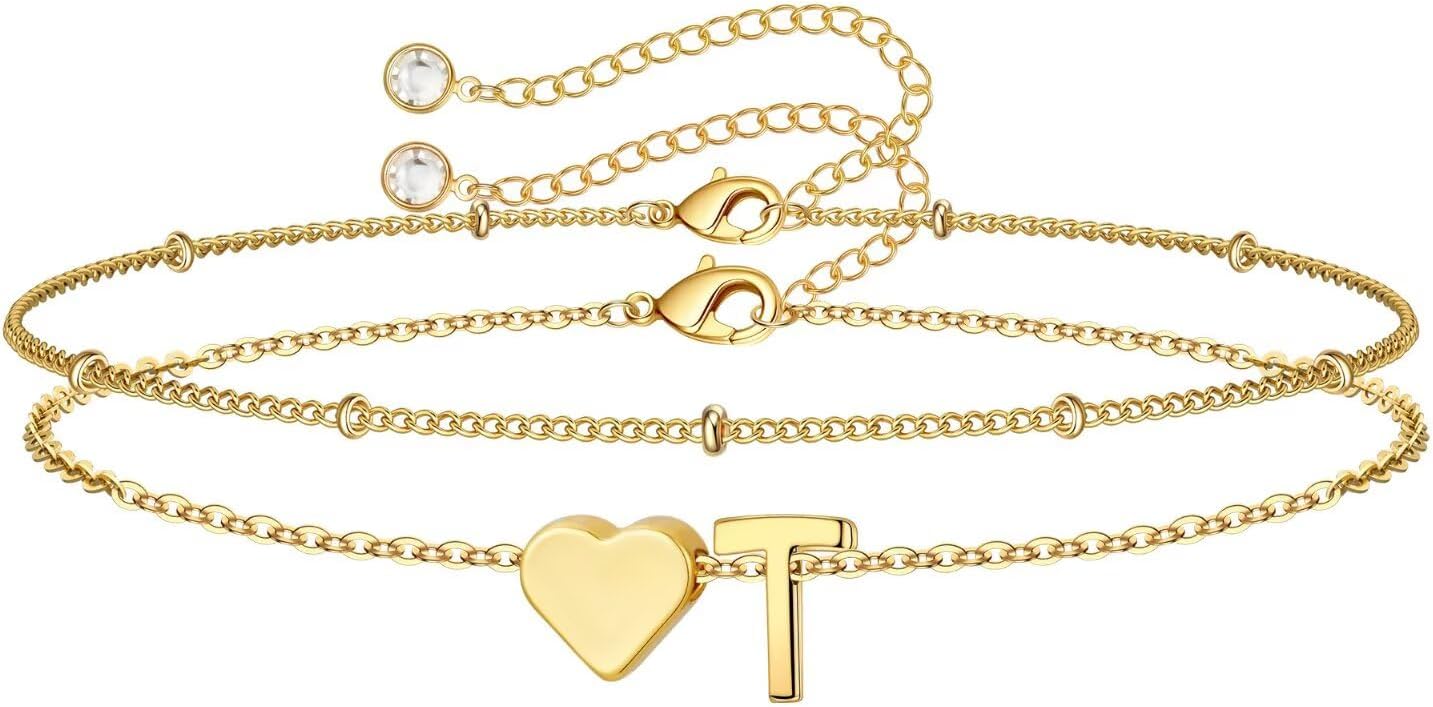 14K-Gold-Plated Heart Initial Bracelets for Women Girl Dainty Gold