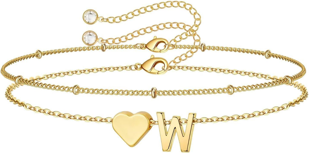 14K-Gold-Plated Heart Initial Bracelets for Women Girl Dainty Gold