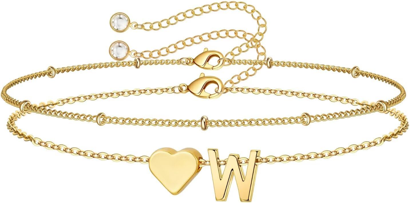 14K-Gold-Plated Heart Initial Bracelets for Women Girl Dainty Gold