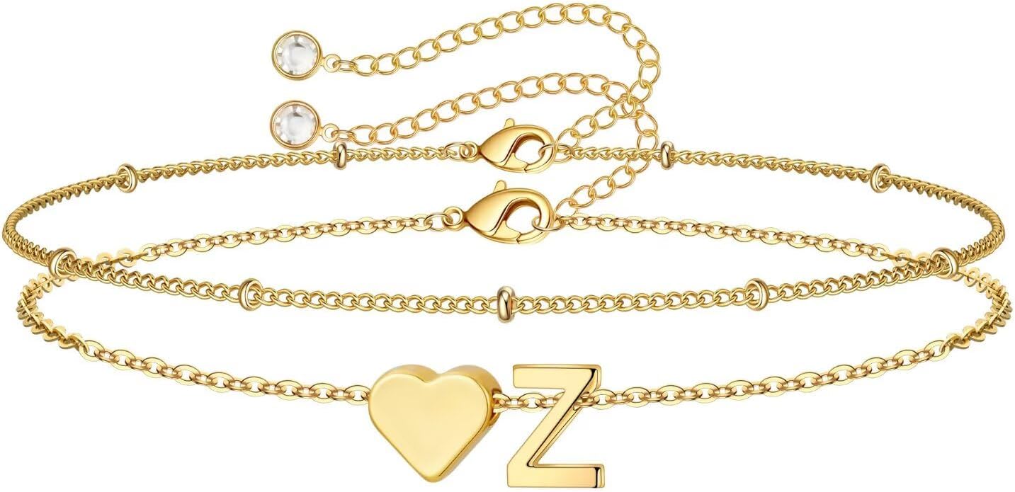14K-Gold-Plated Heart Initial Bracelets for Women Girl Dainty Gold
