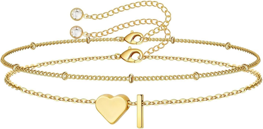 14K-Gold-Plated Heart Initial Bracelets for Women Girl Dainty Gold