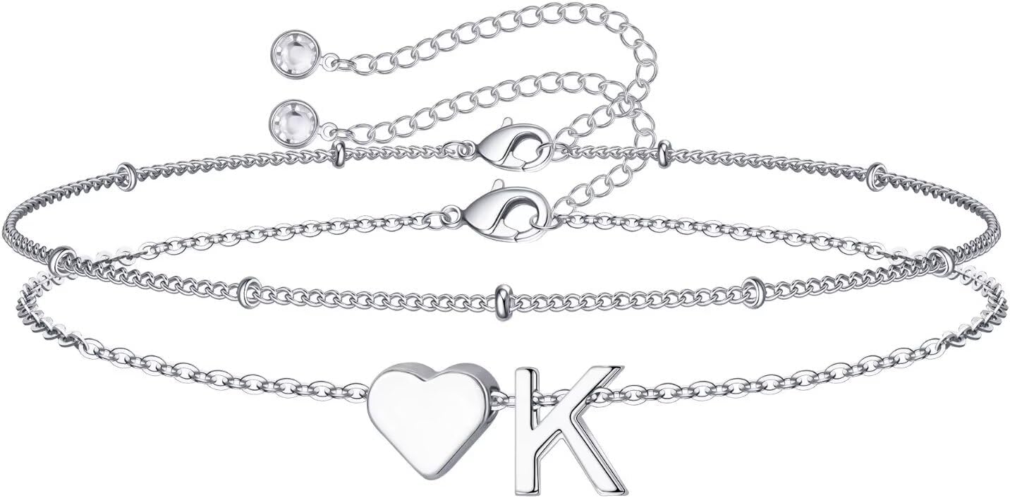 14K-Gold-Plated Heart Initial Bracelets for Women Girl Dainty Gold