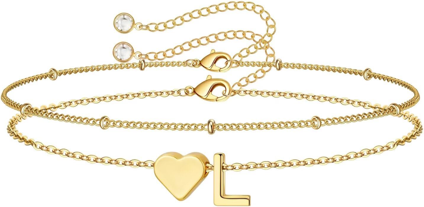 14K-Gold-Plated Heart Initial Bracelets for Women Girl Dainty Gold