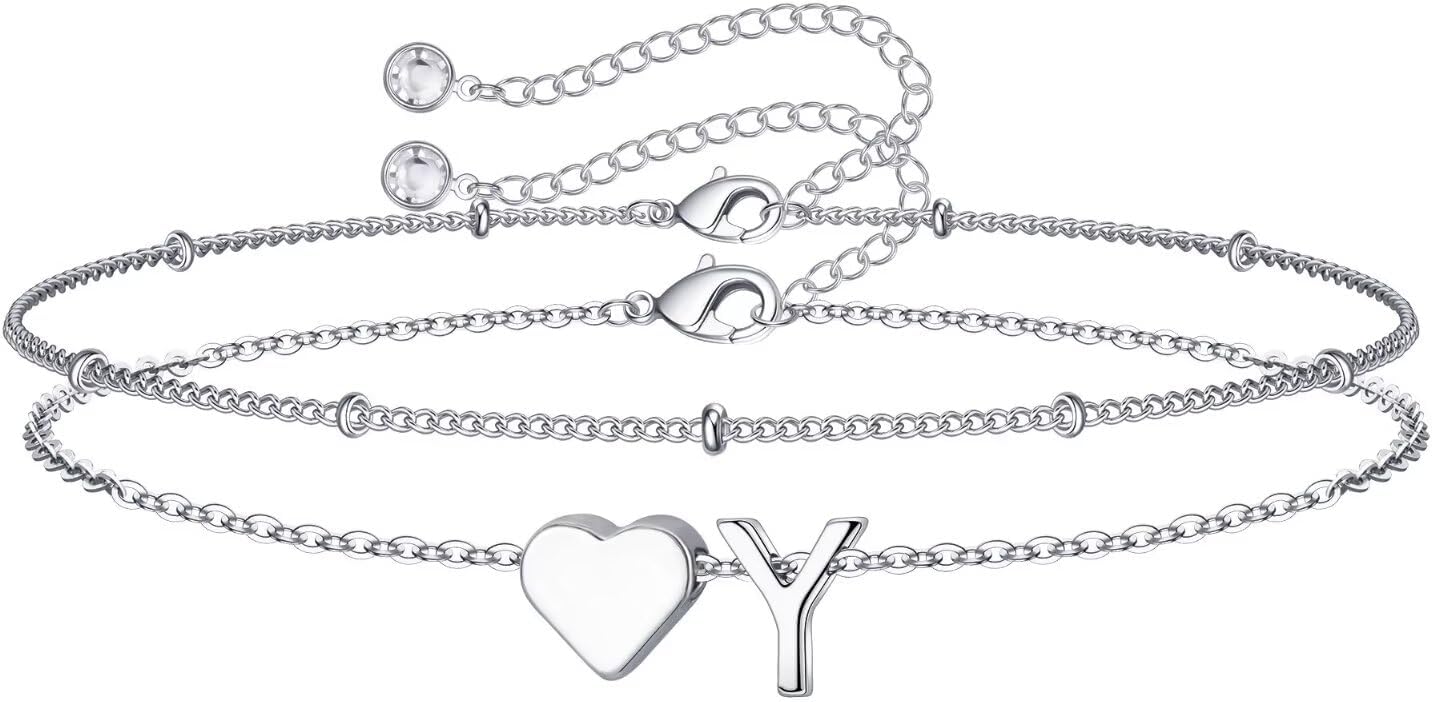 14K-Gold-Plated Heart Initial Bracelets for Women Girl Dainty Gold