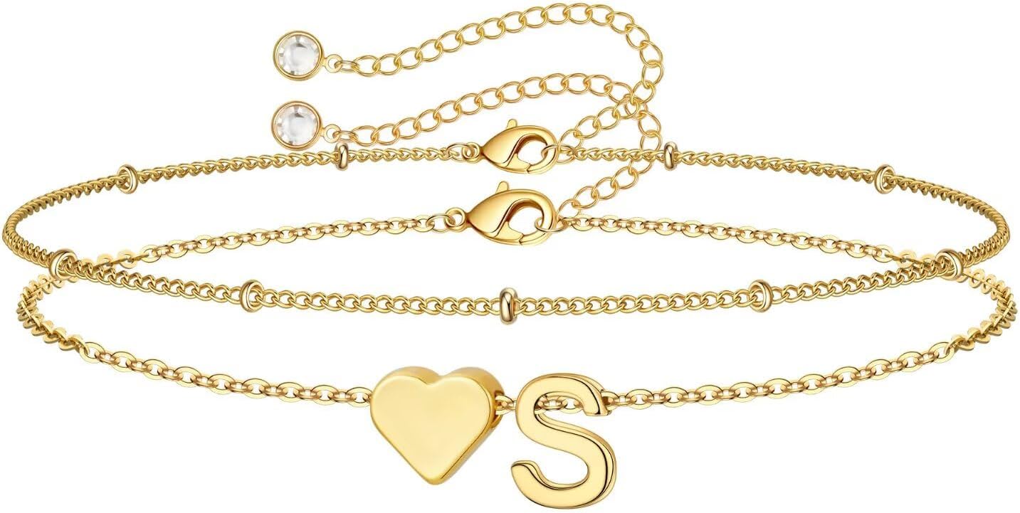 14K-Gold-Plated Heart Initial Bracelets for Women Girl Dainty Gold