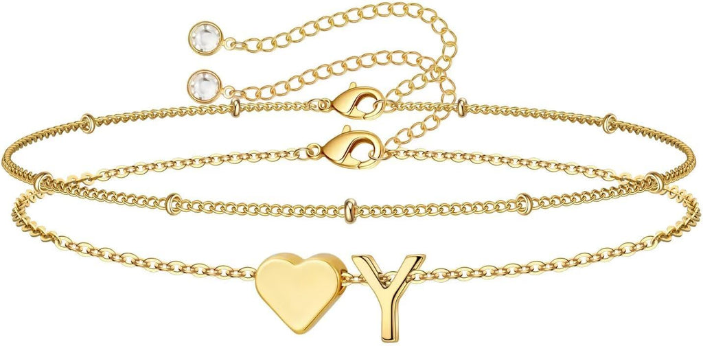 14K-Gold-Plated Heart Initial Bracelets for Women Girl Dainty Gold