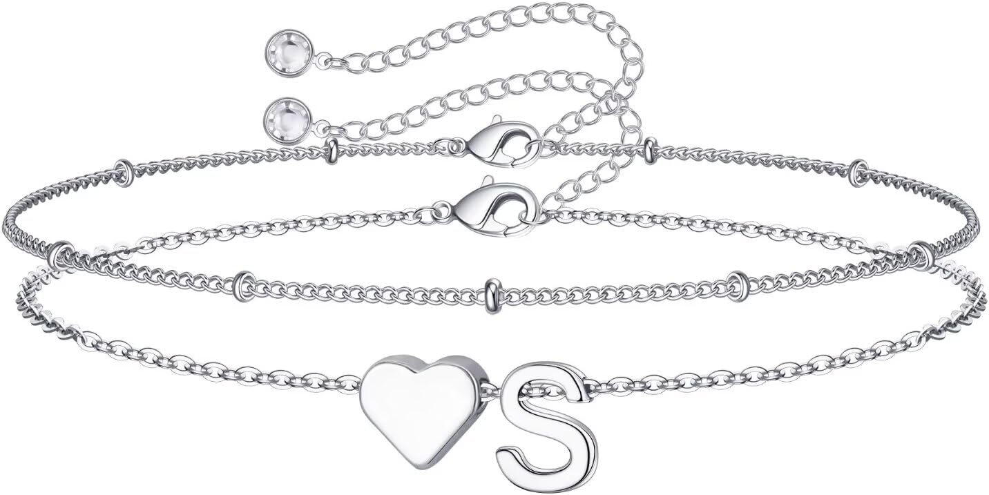 14K-Gold-Plated Heart Initial Bracelets for Women Girl Dainty Gold