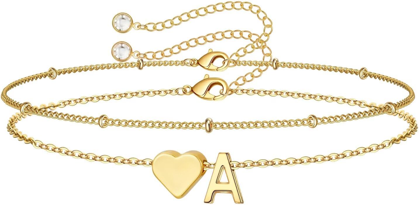 14K-Gold-Plated Heart Initial Bracelets for Women Girl Dainty Gold