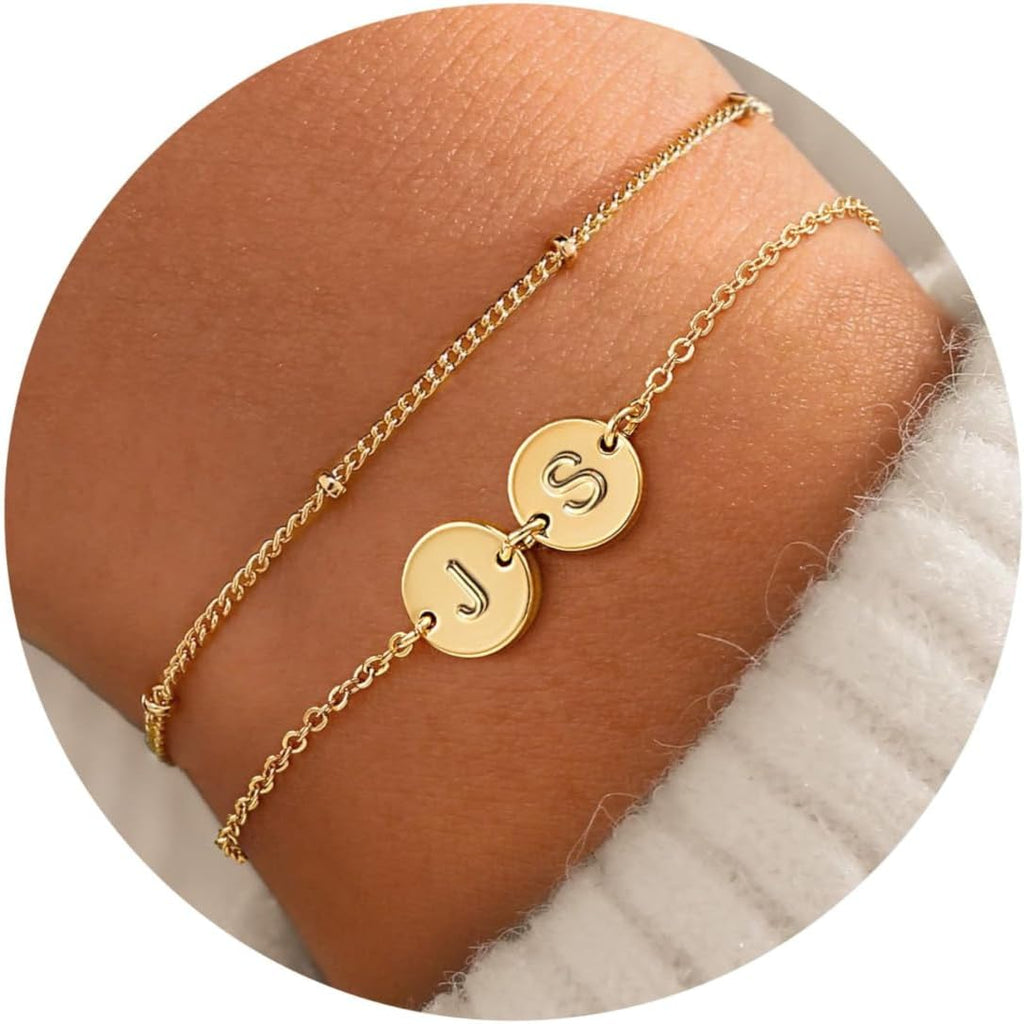 14K-Gold-Plated 2 Letter A-Z Disc Bracelet Stacked Trendy