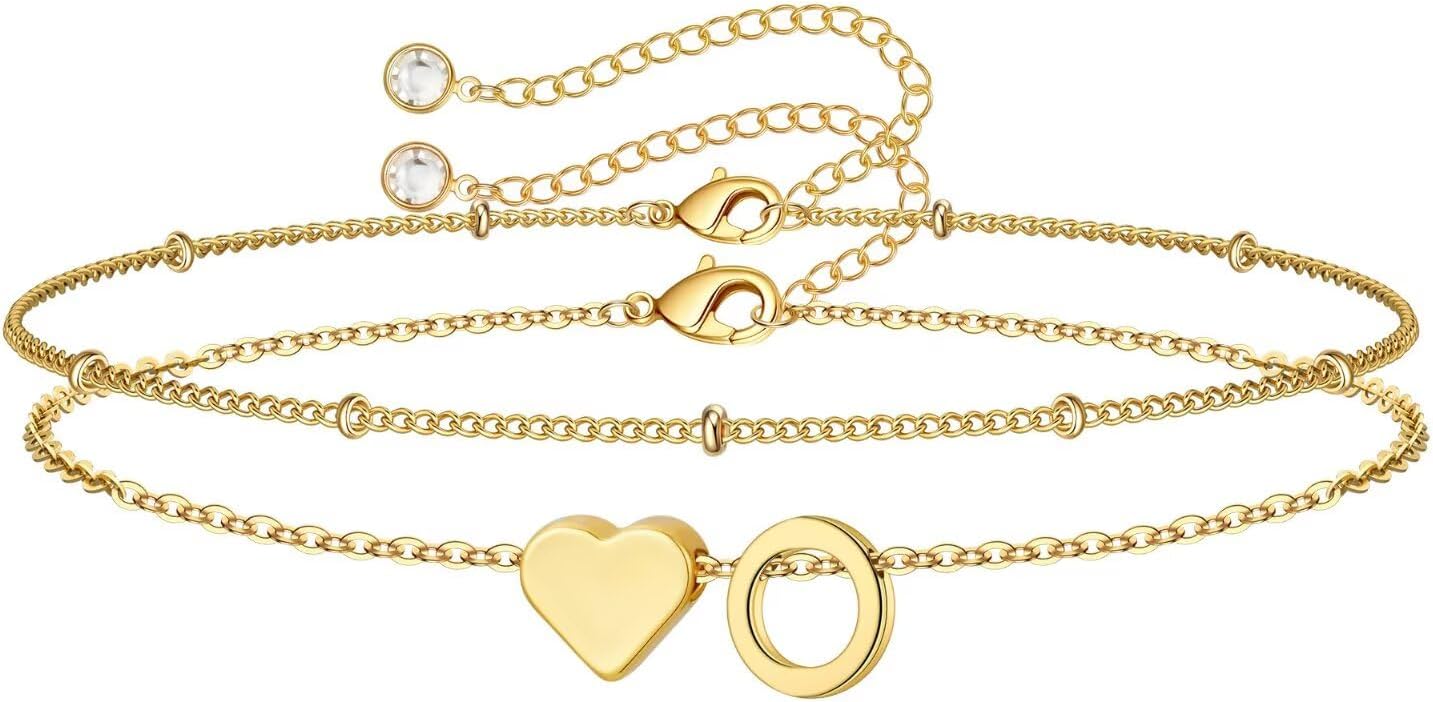 14K-Gold-Plated Heart Initial Bracelets for Women Girl Dainty Gold
