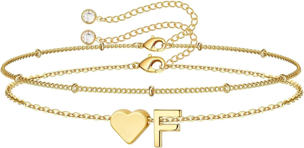 14K-Gold-Plated Heart Initial Bracelets for Women Girl Dainty Gold