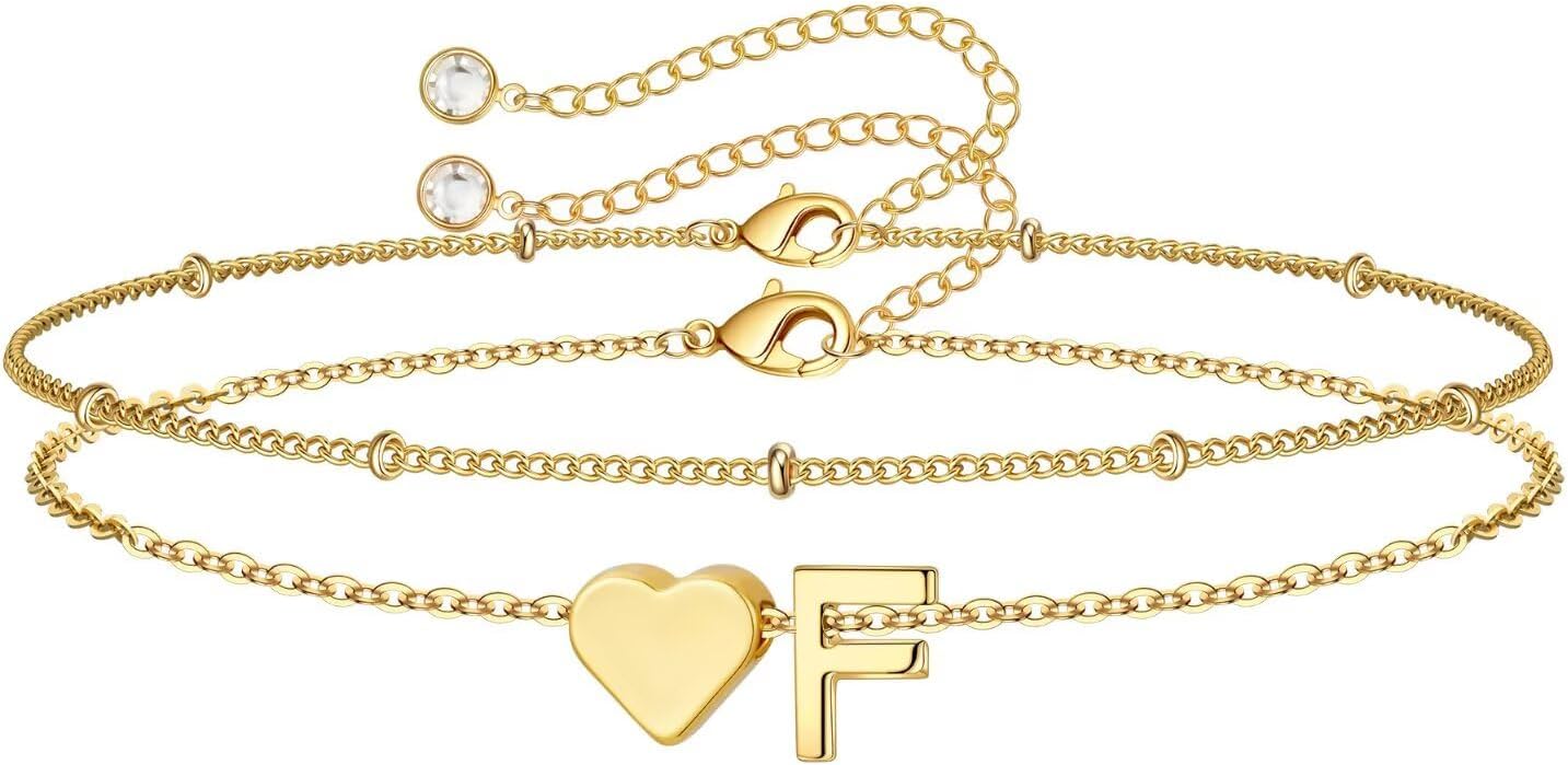 14K-Gold-Plated Heart Initial Bracelets for Women Girl Dainty Gold
