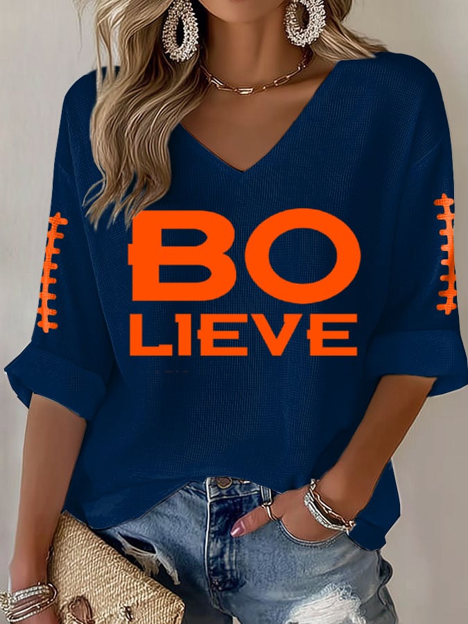 Women's Football Print Waffle Long Sleeve T-Shirt