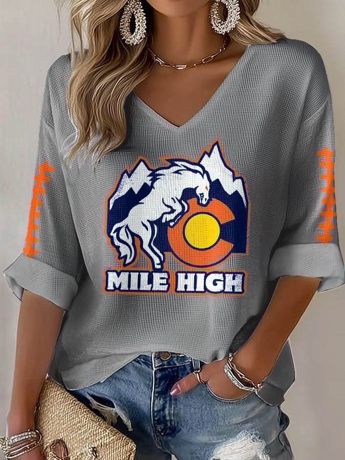 Women's Rugby Print Waffle Long Sleeve T-Shirt