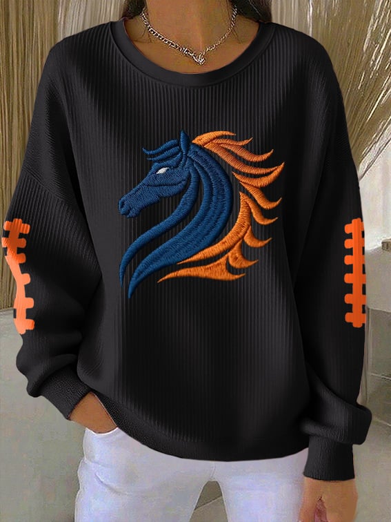Women's Rugby Print Knit Crew Neck Long Sleeve Top