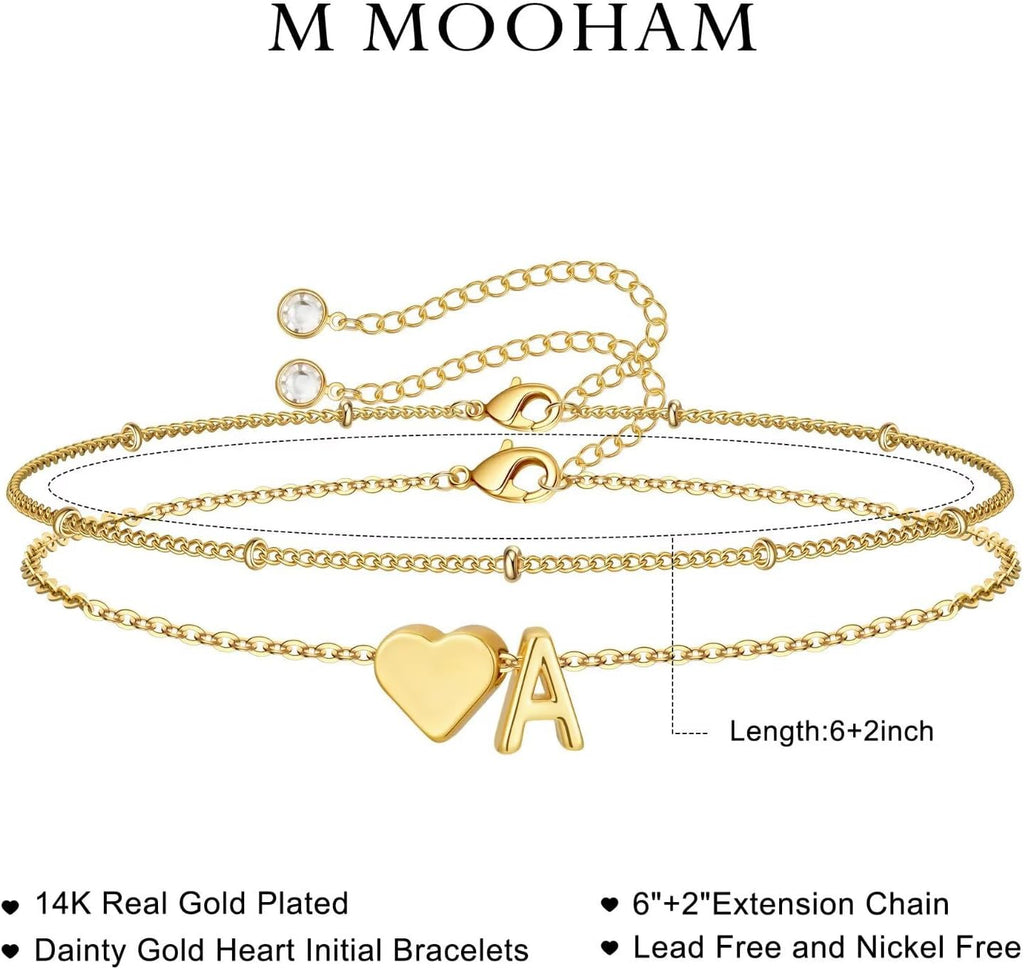 14K-Gold-Plated Heart Initial Bracelets for Women Girl Dainty Gold