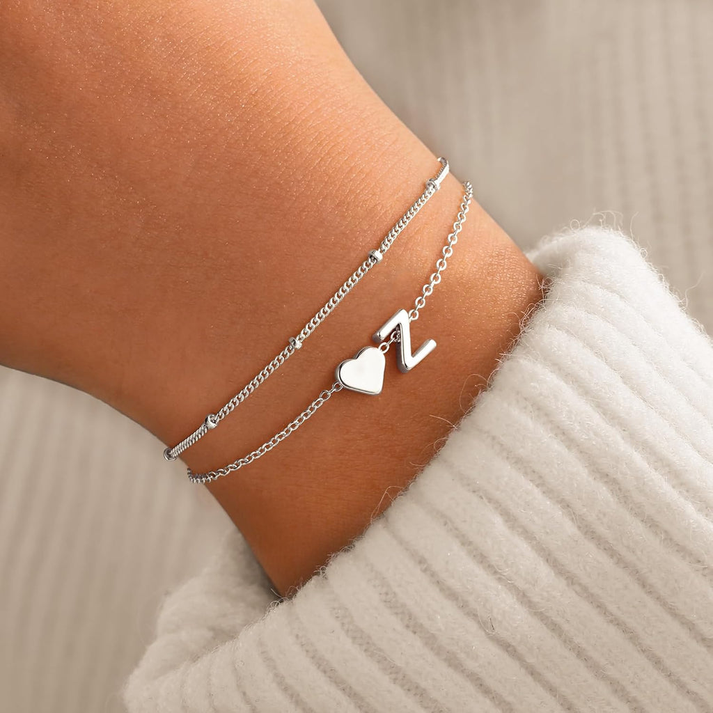 14K-Gold-Plated Heart Initial Bracelets for Women Girl Dainty Gold